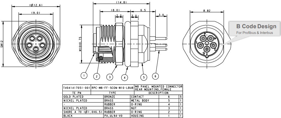 Mechanical Drawing - TE Connectivity M8 B-Code 5-Pin Circular Connector